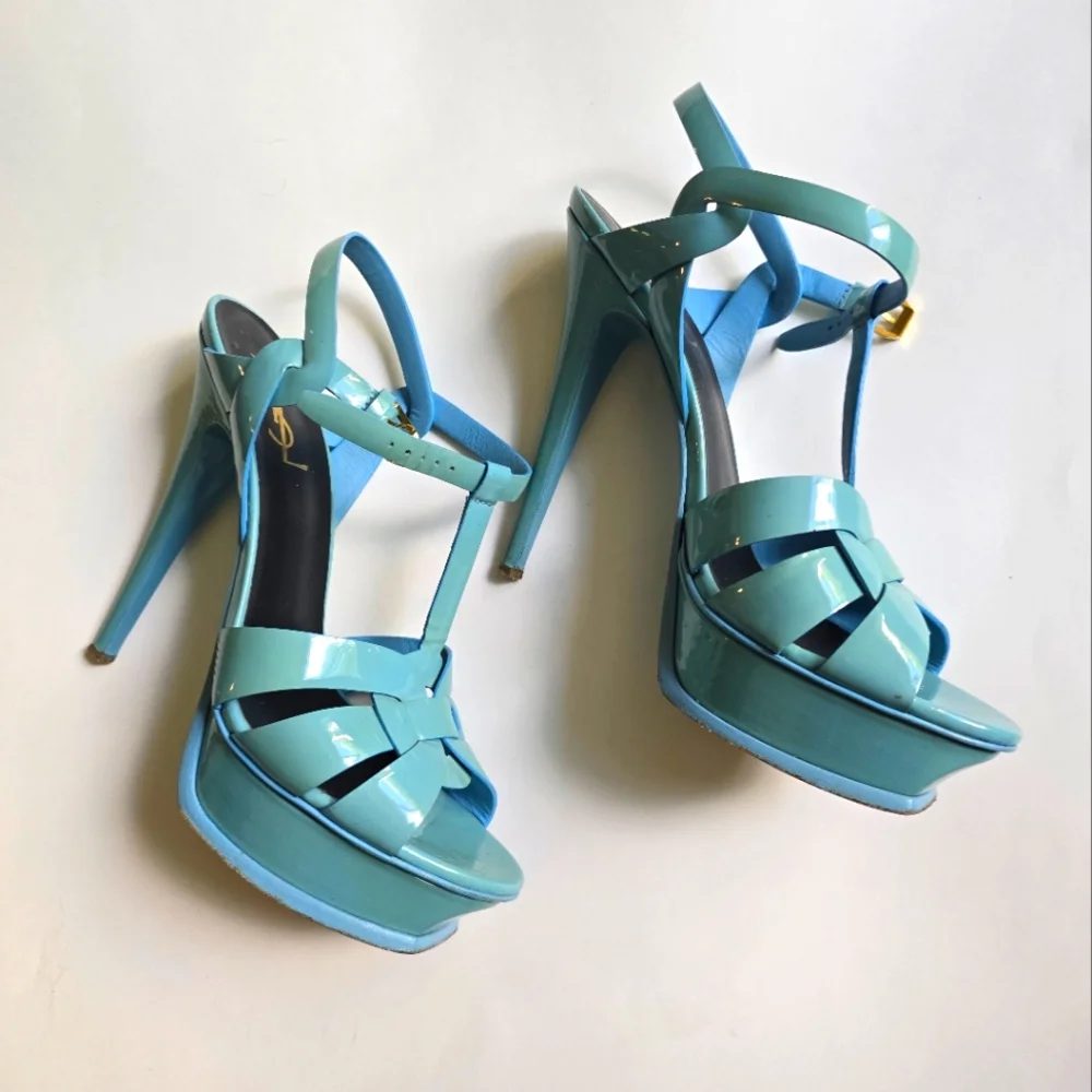 Saint Laurent Tribute 105 Platform Sandals in sky blue patent leather Size 9.5 - Picture 2 of 6